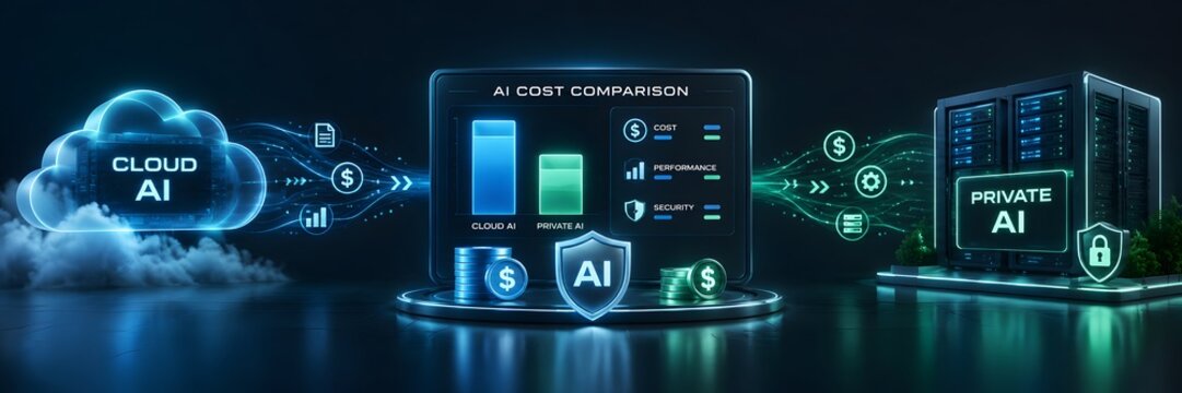 Futuristic digital dashboard comparing cloud computing and private server infrastructure showing cost performance and security metrics for enterprise technology investment