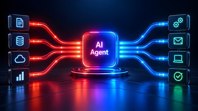 Advanced artificial intelligence agent hub managing multiple inputs and outputs connecting cloud databases documents and secure communications through glowing fiber optic pathways
