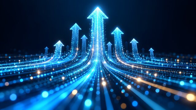Glowing blue digital arrows rising upwards symbolizing high speed data transfer technological advancement business growth and network connectivity