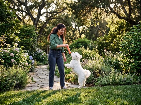 Stylish Middle Eastern Teenager Playing With Maltese Dog