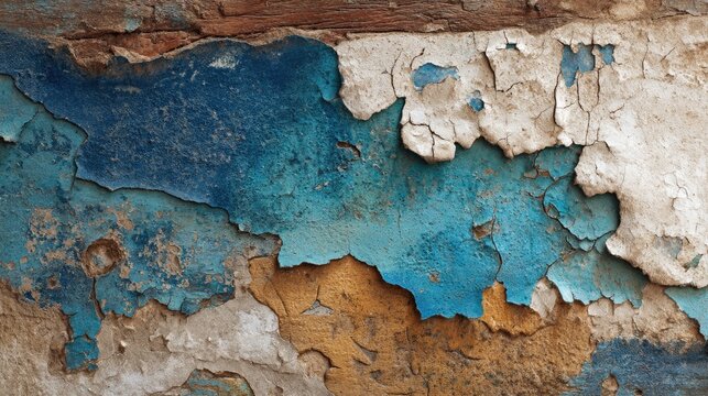 A close-up shot reveals a section of weathered wooden wall, heavily coated in peeling, faded blue and white paint.