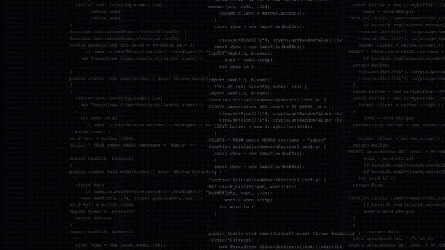 Computer code digital logs scrolling with red virus attack banner and data corruption glitch text