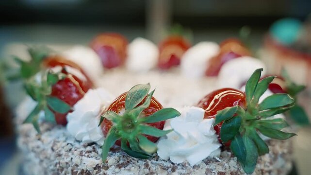 Different types of delicious cakes in pastry shop showcase .