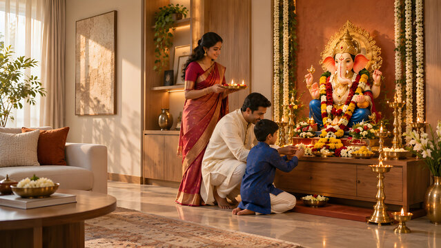 Indian Family Offering Flowers to Lord Ganesha During Ganesh Chaturthi at Home
