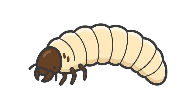 Cartoon beetle larva illustration, cute white grub insect character, simple beetle worm icon on white background