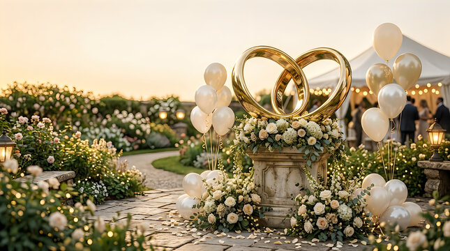 Golden interlocking wedding rings sculpture surrounded by white roses and balloons in garden