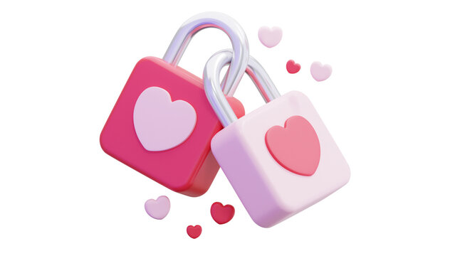 3D heart padlocks linked together, romantic pink security locks for Valentine's Day, cute love bond illustration on white background