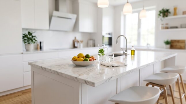 Modern White Kitchen with Marble Island and Fresh Fruit for Home Design