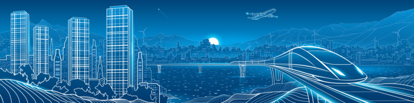 Futuristic high speed train traveling on elevated railway through a modern smart city with skyscrapers, mountains, wind turbines and airplane. Blue panoramic vector illustration of future transportati