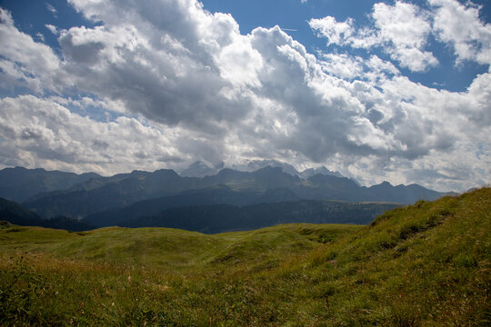 Panoramic view of Marmolada Mountain and Glacier, from Pralongia over Corvara, Alta Badia, Dolomites , Trentino, Alto Adige, Sudtirol, South Tyrol, Italy	