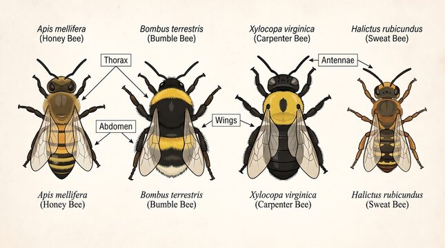 Vintage bee identification chart with honey bee, bumble bee, carpenter bee, and sweat bee. Scientific insect anatomy diagram for education.