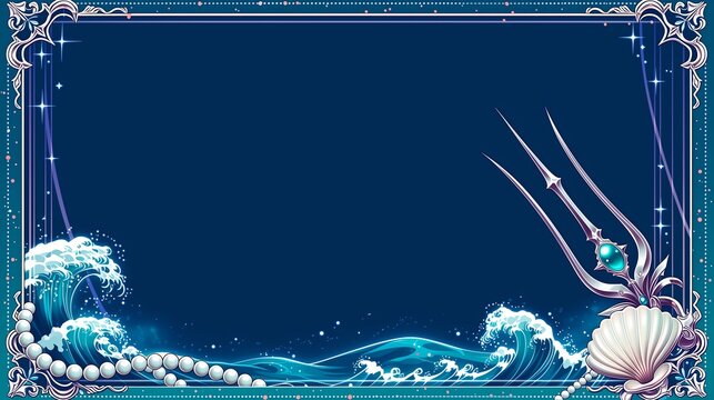 Fable ocean frame with baroque silver scrolls, teal waves, pearls, seashell and trident on navy gradient, ideal for wedding invitation and gallery wall mockup.