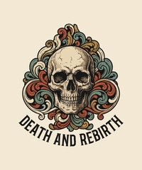 Fototapeta premium Vintagestyle human skull illustration featuring intricate colorful ornamental flourishes vintage retro halloween t shirt design