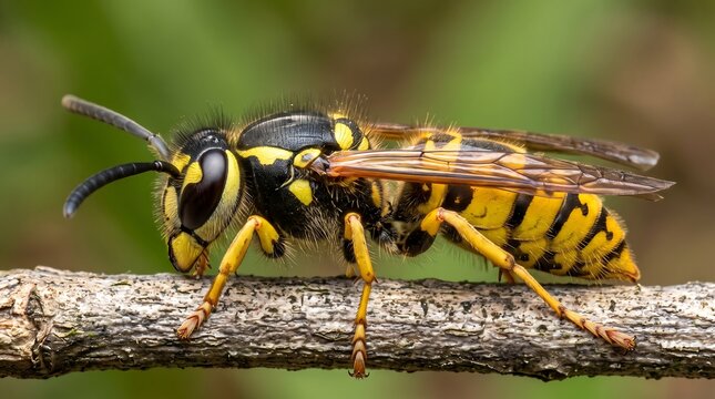Common wasp on wooden branch, yellow jacket insect macro photography, stinging hornet in nature, close-up of vespula vulgaris