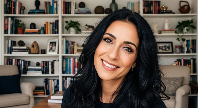 Portrait of a beautiful smiling woman with long dark hair posing in a home office with bookshelves in the background