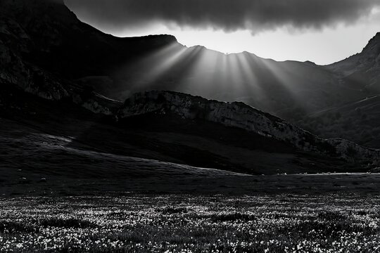 Sunrays illuminating Picos de Europa meadow landscape