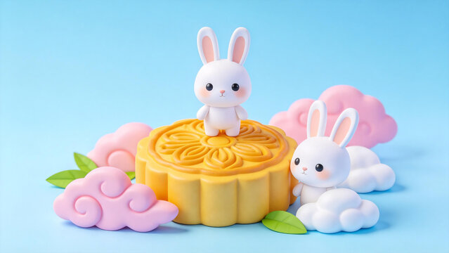 White rabbits and moon - cake scene