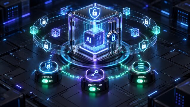 Highly secure encrypted artificial intelligence server enclosed in protective glass cube highlighting local data processing and enterprise cybersecurity