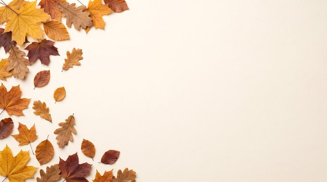 A beautiful arrangement of colorful autumn leaves gently falls down the left side against a clean bright white backdrop forming a seasonal border