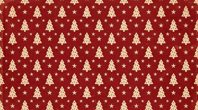 Seamless christmas pattern with white stylized fir trees and stars on a red background