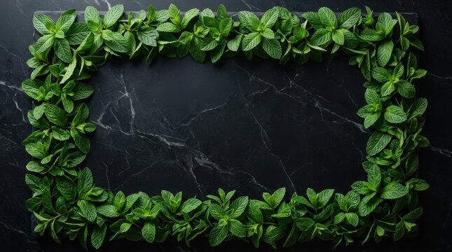 Fresh green herb frame on black marble background, organic basil leaf border, culinary copy space for restaurant menu Black Friday Special