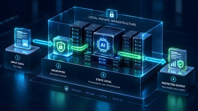 Isometric diagram illustrating secure local private infrastructure workflow showing encrypted data processing from input to protected output stages
