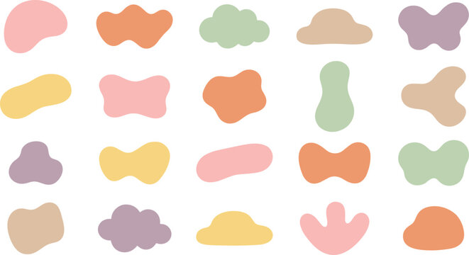 Cute Pastel Abstract Organic Blob Shape Vector Icon Set Featuring Minimalist Fluid Liquid Splashes and Freeform Matt Matte Blobs for Trendy Graphic Layouts
