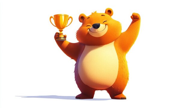 Happy cartoon brown bear holding shiny golden trophy cup illustration isolated on clean white background for concept art