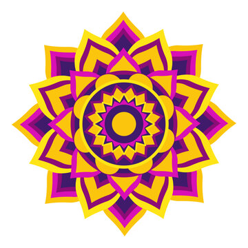 Colorful Diwali mandala rangoli ornament icon isolated on white background. Indian traditional decoration. Yellow, purple, pink, gold color. Vector illustration