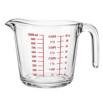 Glass measuring cup with red volume markings and handle