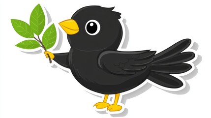 Obraz premium Cute cartoon black bird character holding green leaves illustration black bird holding fresh green leaves in flat style art