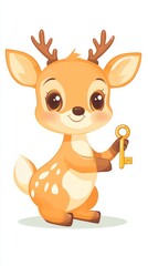 Fototapeta premium Adorable cartoon baby deer character holding golden key illustration cute fawn holding secret gold key whimsical animal character design