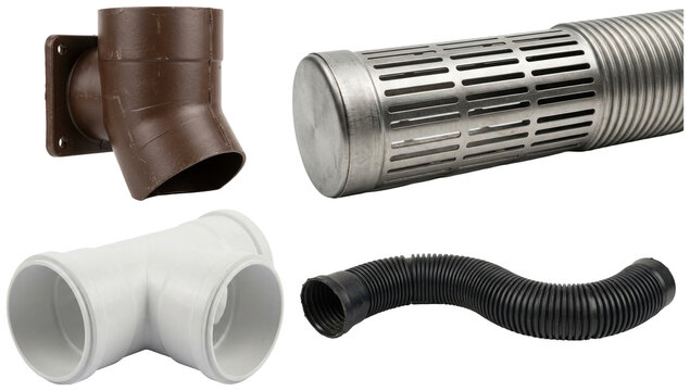 A set of assorted drain pipe components in different materials and shapes, including perforated, corrugated, angled, and junction fittings.