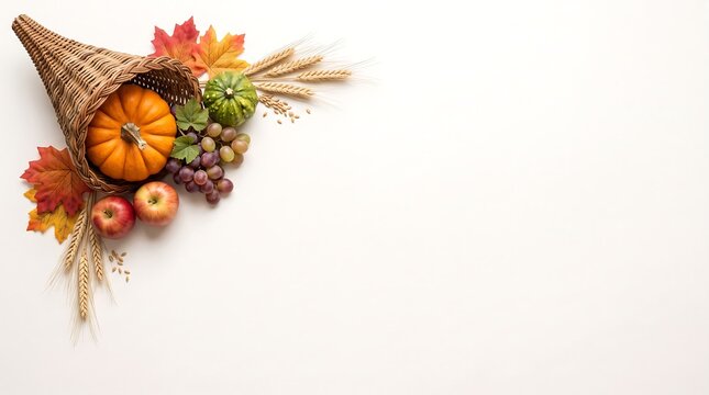A bountiful cornucopia is filled to overflowing with a colorful autumn harvest of fresh fruits ripe vegetables and golden grains on a white backdrop