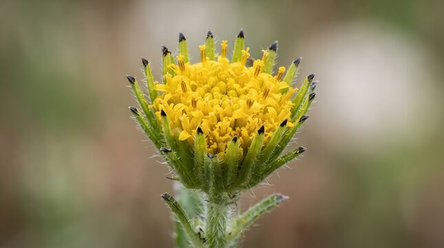 Close-up view of a vibrant yellow flower bud with green sepals and a fuzzy stem, captured in soft focus against a blurred background.