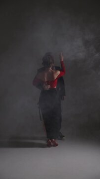 Elegant couple dancing Latin dance or tango in dark studio, passion and motion concept. Dynamic and expressive dance movement captured in motion