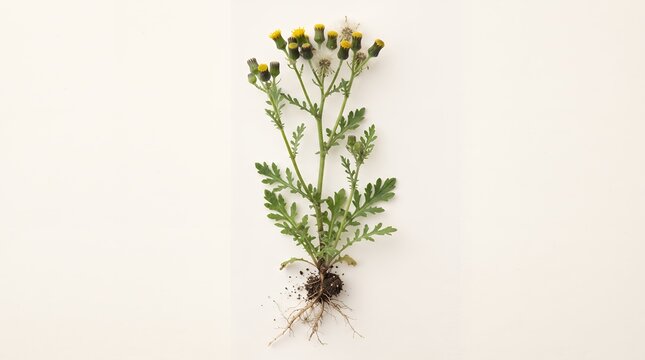 A detailed top-down view of a freshly uprooted plant specimen with yellow flowers, green leaves, and exposed roots on a plain white background.