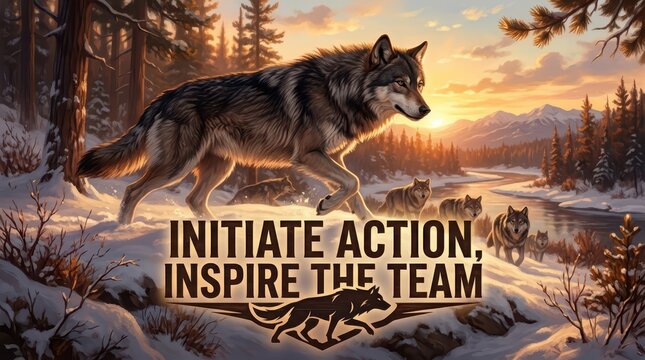 Wolf Pack Walking Through Snowy Winter Forest at Sunset Motivational Poster