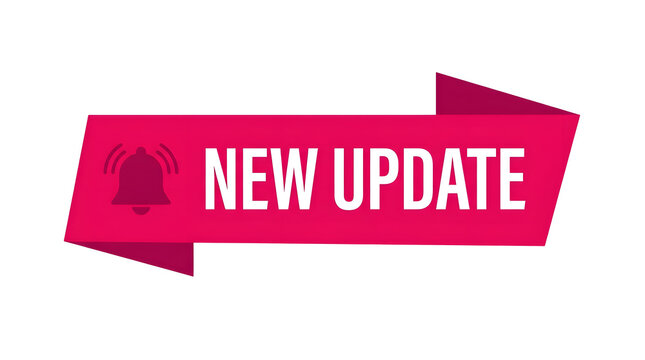 New Update banner with notification bell icon on red ribbon isolated on white background