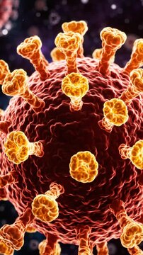 Microscopic view of a glowing virus cell.