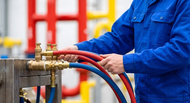 Maintenance worker in blue uniform connecting colored industrial hoses to brass valves in manufacturing plant facility.