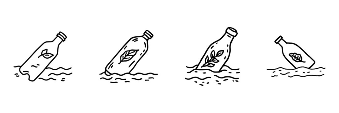 Bottle In Water Hand Drawn Doodle Icon Set. Floating, Drift, Recycling And Beverage Container Sketch Symbol Collection. Environmental Waste And Packaging. Isolated Vector Illustration