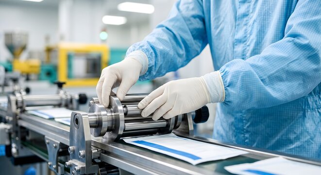 Operator in sterile protective blue gown and white gloves managing packaging machine rollers on production line.