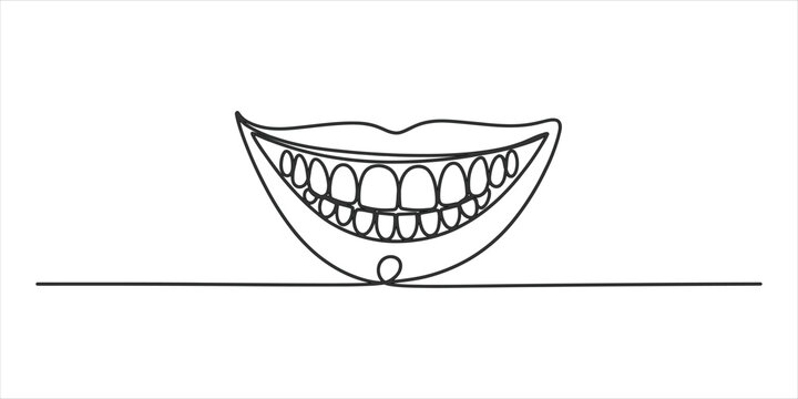 Continuous single line drawing of a wide human smile with teeth showing