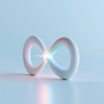 Soft clay render shows a rainbow infinity symbol with a gentle heartbeat glow on a powder blue background in a creative setting.