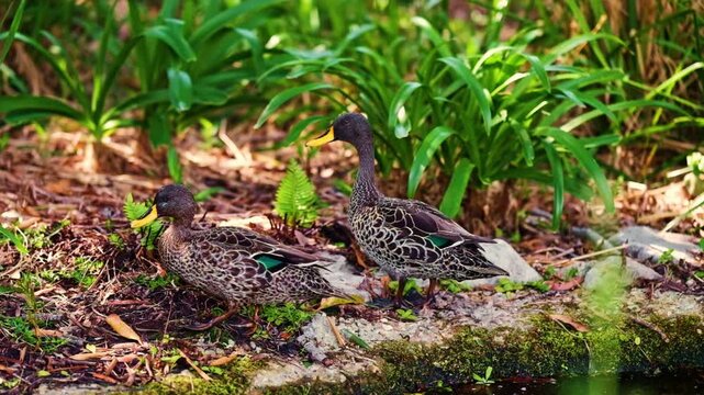 A pair of yellow bill ducks near a pond in a park