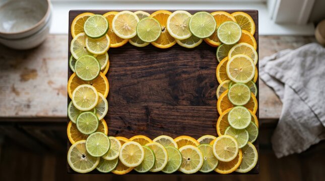 Rustic citrus fruit frame on dark wood board, fresh lemon and lime slices border, organic food background for recipes Black Friday Special