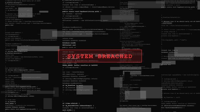 Computer terminal logs scrolling with red breached alert box and digital pixel glitch blocks.