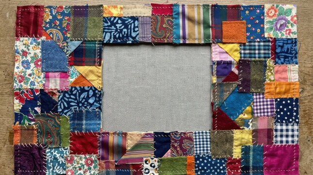 Vintage patchwork fabric frame, colorful textile border with copy space, rustic handmade quilt pattern background Black Friday Special