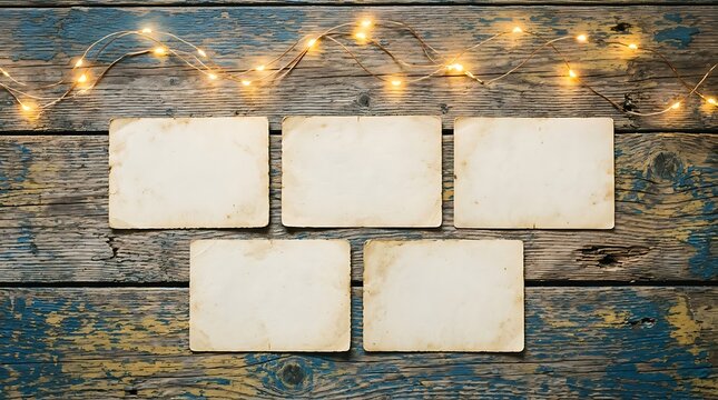 Five blank vintage photo frames arranged on a rustic blue wooden background with glowing fairy lights above, perfect for memories and creative projects